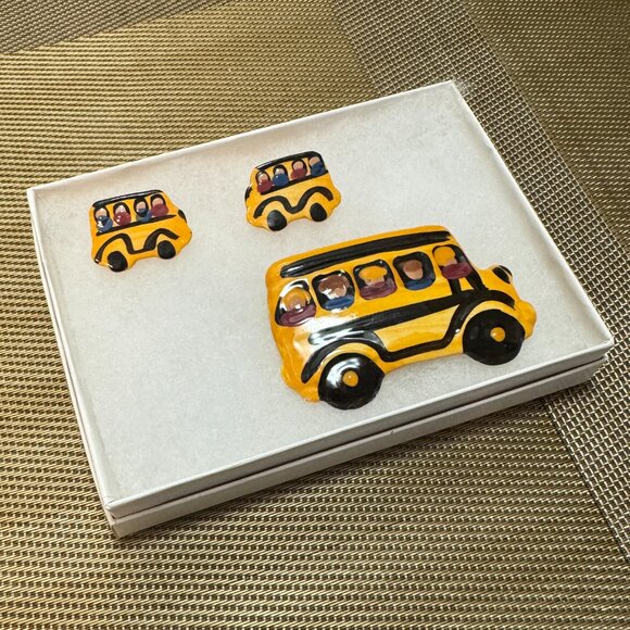 School Bus Driver Appreciation Gift Pin + Earrings Artist Signed Ceramic + Box - Picture 2 of 7